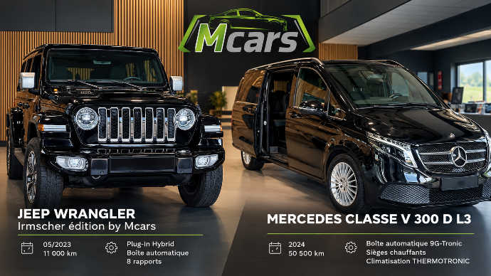 Jeep Wrangler Irmscher Edition et Mercedes Classe V 300 D L3 d’occasion – Garage M-Cars à Étalle, Belgique.